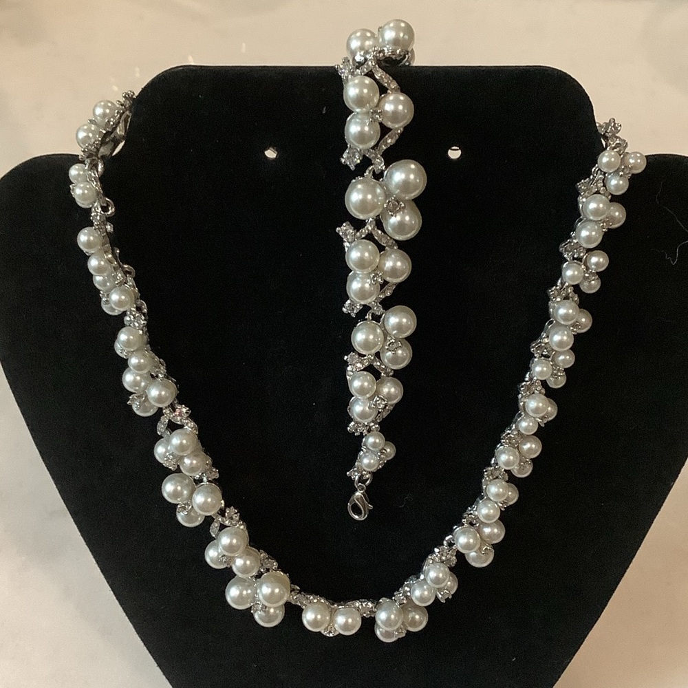 Classic White Faux Pearl Necklace and Bracelet Set, Brand New